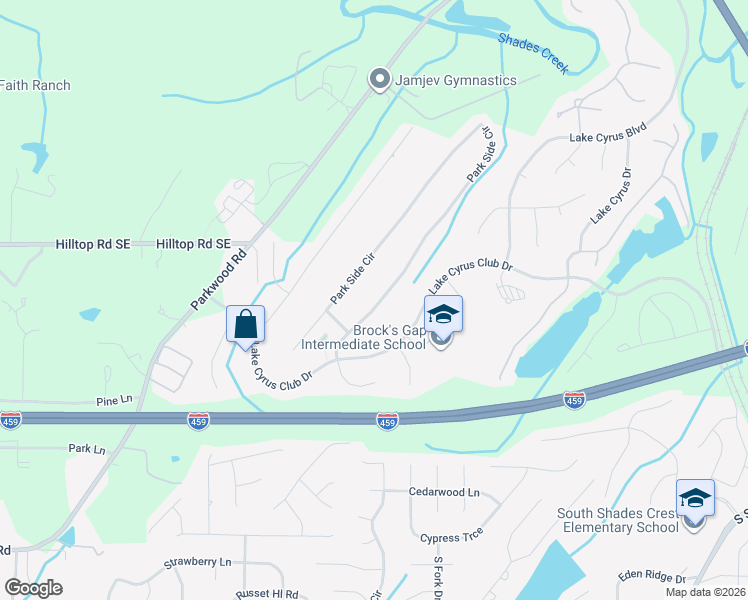 map of restaurants, bars, coffee shops, grocery stores, and more near 5565 Park Side Circle in Birmingham