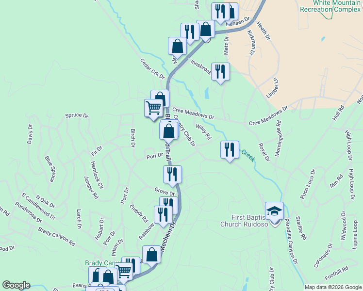 map of restaurants, bars, coffee shops, grocery stores, and more near 106 Porr Drive in Ruidoso