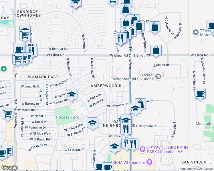 map of restaurants, bars, coffee shops, grocery stores, and more near 302 West Barrow Drive in Chandler