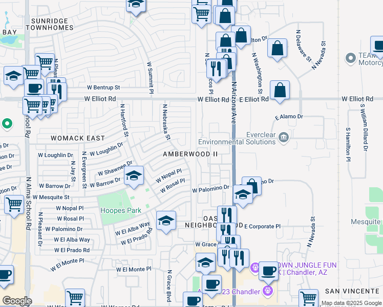 map of restaurants, bars, coffee shops, grocery stores, and more near 302 West Barrow Drive in Chandler