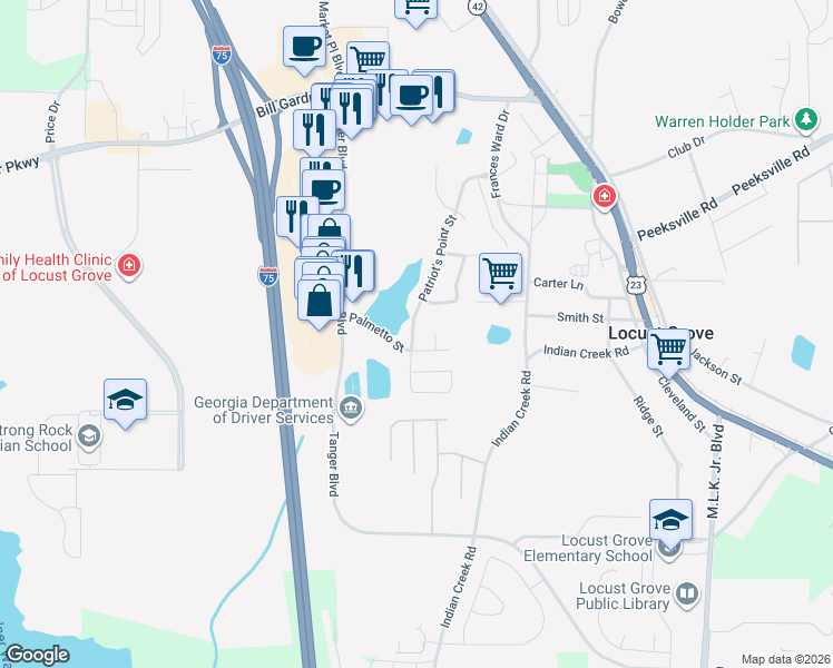 map of restaurants, bars, coffee shops, grocery stores, and more near 769 Patriot's Point Street in Locust Grove
