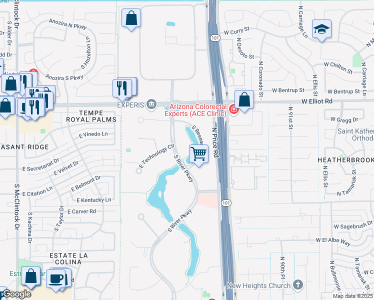 map of restaurants, bars, coffee shops, grocery stores, and more near 7855 South River Parkway in Tempe