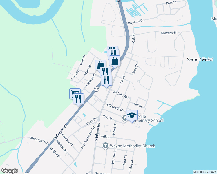 map of restaurants, bars, coffee shops, grocery stores, and more near 1935 South Fraser Street in Georgetown