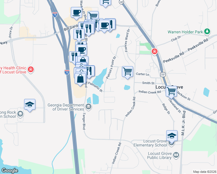 map of restaurants, bars, coffee shops, grocery stores, and more near 765 Patriot's Point Street in Locust Grove