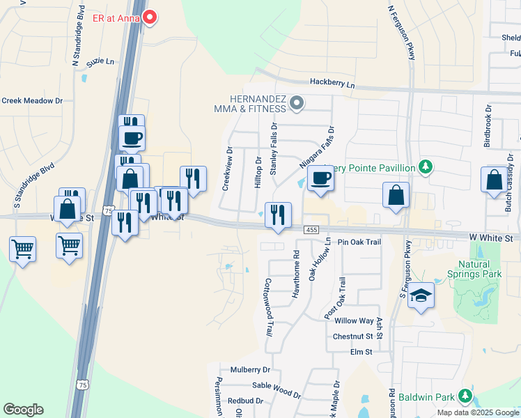 map of restaurants, bars, coffee shops, grocery stores, and more near 527 Hilltop Drive in Anna