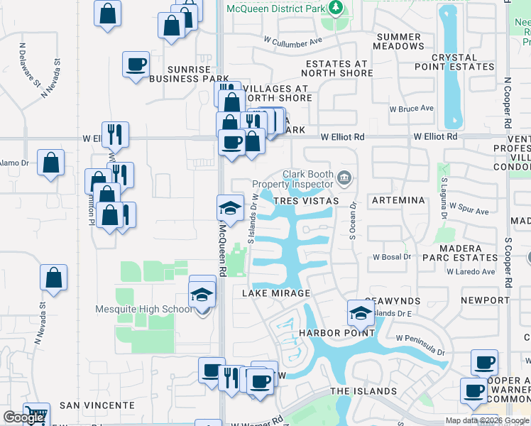 map of restaurants, bars, coffee shops, grocery stores, and more near 1450 West Bahia Court in Gilbert