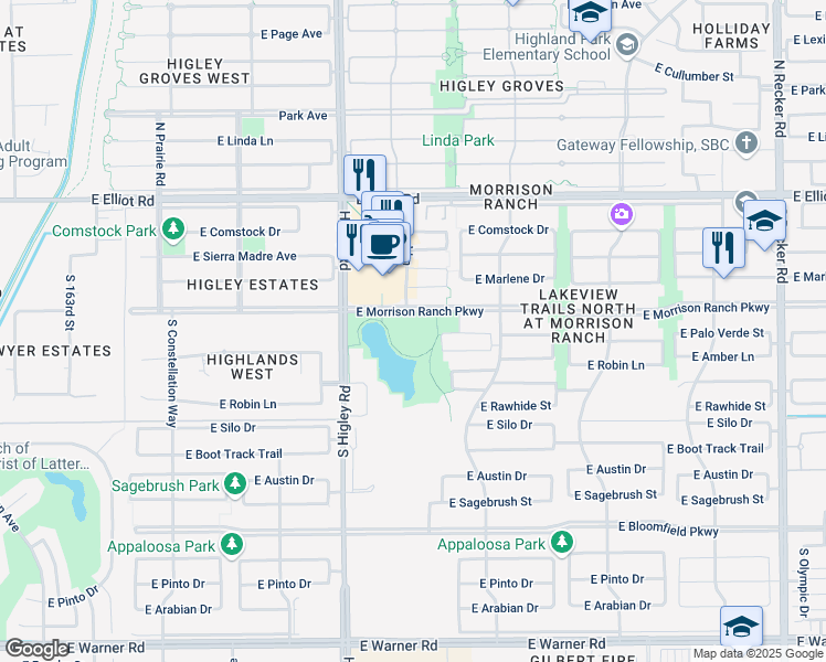map of restaurants, bars, coffee shops, grocery stores, and more near 3333 East Morrison Ranch Parkway in Gilbert