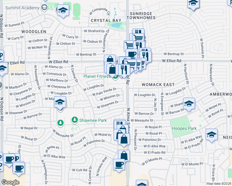 map of restaurants, bars, coffee shops, grocery stores, and more near 1107 West Palo Verde Drive in Chandler