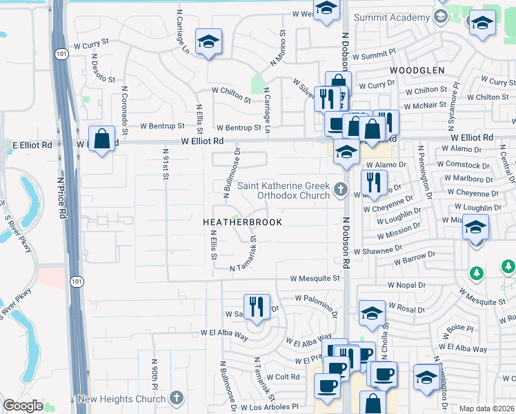 map of restaurants, bars, coffee shops, grocery stores, and more near 2676 North Carriage Lane in Chandler
