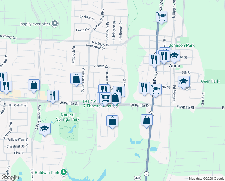 map of restaurants, bars, coffee shops, grocery stores, and more near 824 Alder Drive in Anna