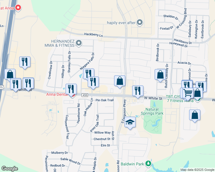 map of restaurants, bars, coffee shops, grocery stores, and more near 1701 Deerchase Drive in Anna