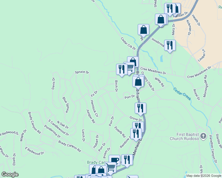 map of restaurants, bars, coffee shops, grocery stores, and more near 100-110 Fir Drive in Ruidoso