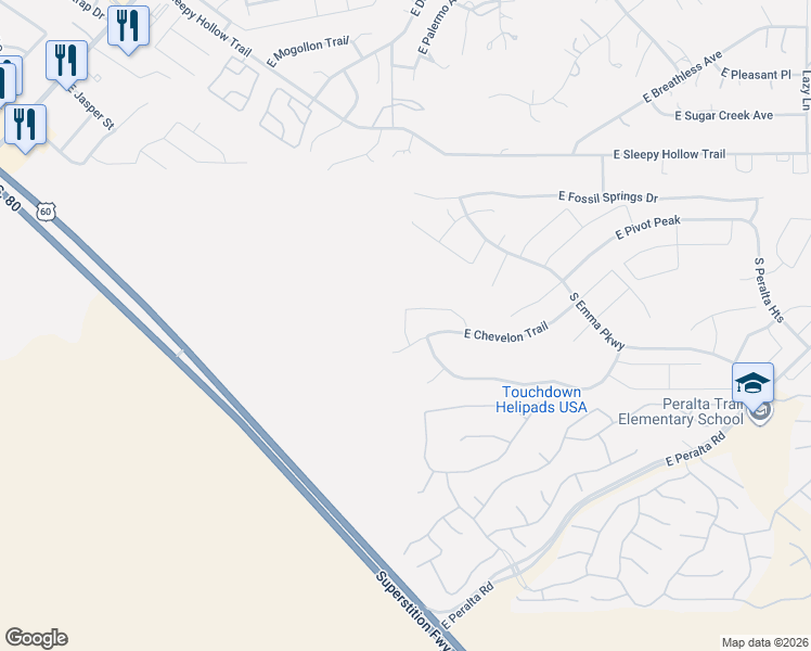 map of restaurants, bars, coffee shops, grocery stores, and more near 11517 East Yeager Canyon in Gold Canyon