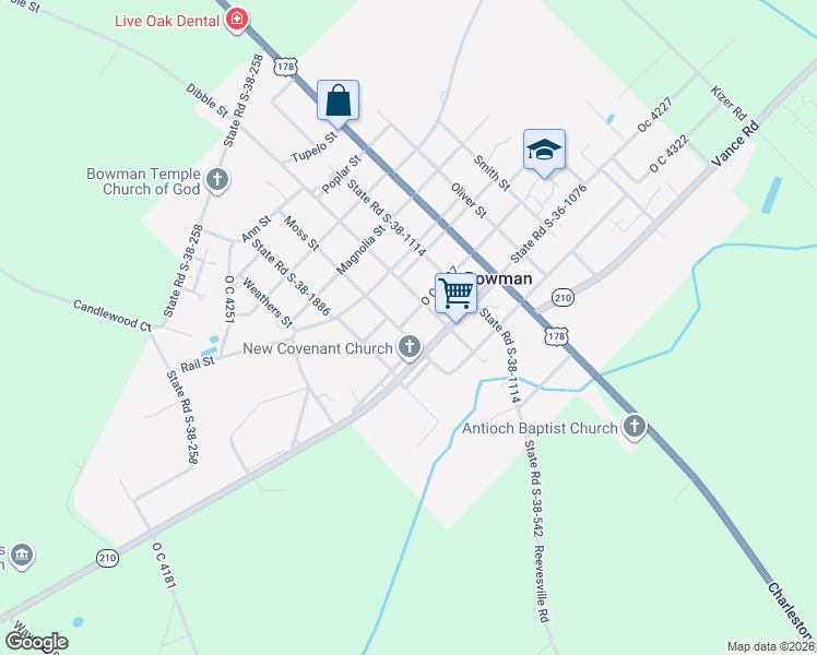 map of restaurants, bars, coffee shops, grocery stores, and more near 561 Moss Street in Bowman