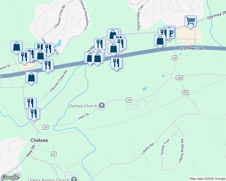 map of restaurants, bars, coffee shops, grocery stores, and more near 994 County Road 39 in Chelsea