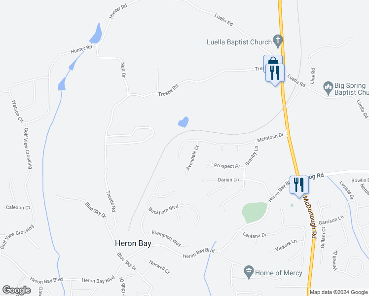 map of restaurants, bars, coffee shops, grocery stores, and more near 2421 McIntosh Drive in Locust Grove