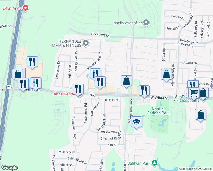 map of restaurants, bars, coffee shops, grocery stores, and more near 509 Kaie Teur Drive in Anna
