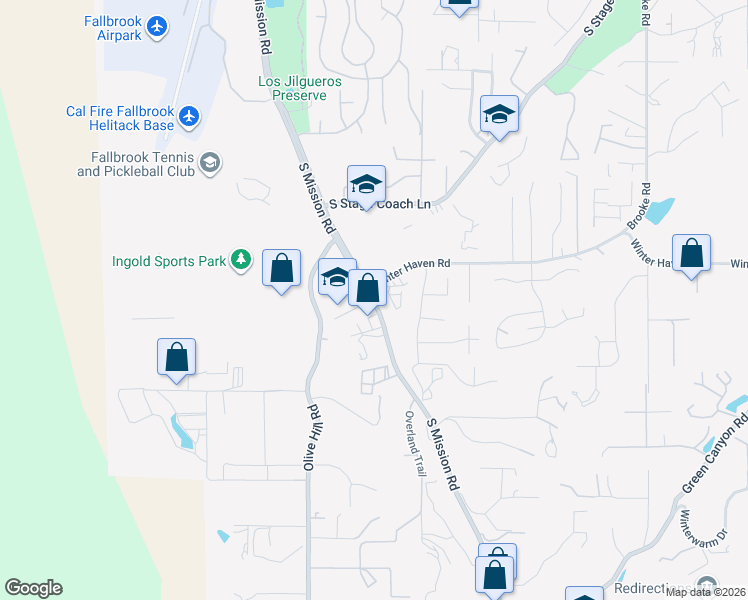 map of restaurants, bars, coffee shops, grocery stores, and more near S Mission Rd & W Winter Haven Rd in Fallbrook