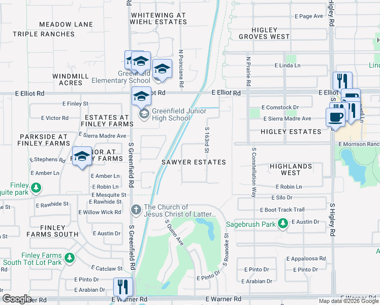 map of restaurants, bars, coffee shops, grocery stores, and more near 2611 East Palo Verde Street in Gilbert