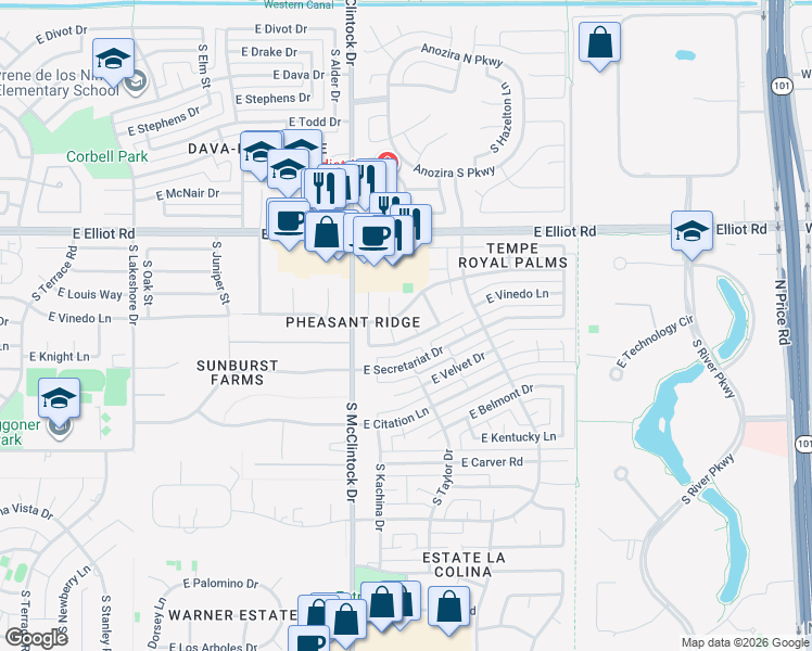 map of restaurants, bars, coffee shops, grocery stores, and more near 7801 South Peach Drive in Tempe