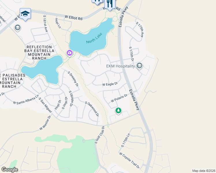map of restaurants, bars, coffee shops, grocery stores, and more near 17668 West Eagle Drive in Goodyear