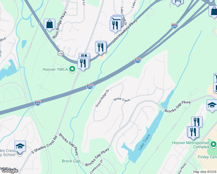 map of restaurants, bars, coffee shops, grocery stores, and more near 1435 Scout Ridge Drive in Birmingham