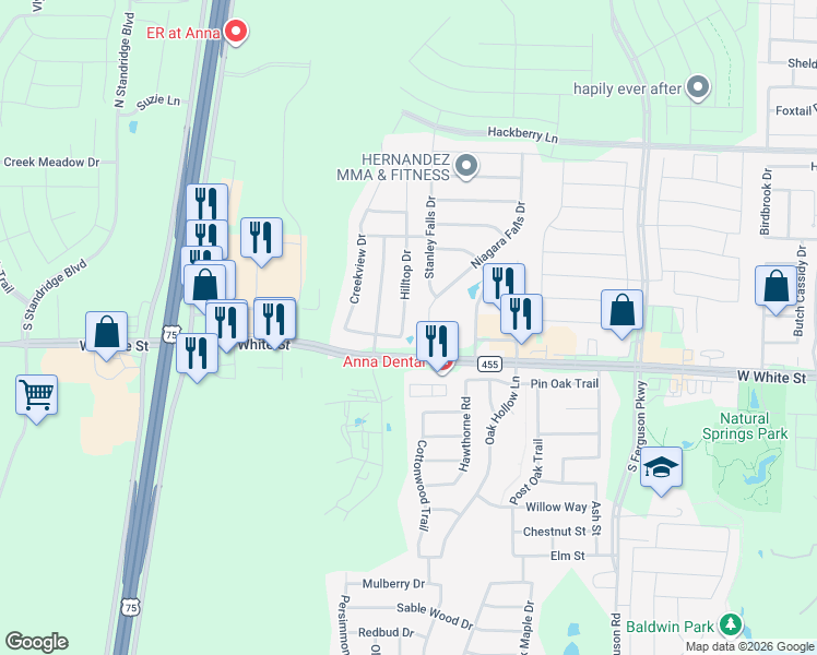 map of restaurants, bars, coffee shops, grocery stores, and more near 514 Hilltop Drive in Anna