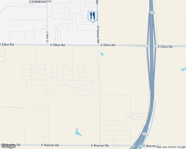 map of restaurants, bars, coffee shops, grocery stores, and more near 11186-11598 South Hawes Road in Mesa