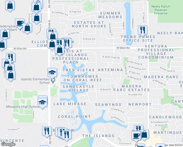 map of restaurants, bars, coffee shops, grocery stores, and more near 1301 West Sandpiper Drive in Gilbert