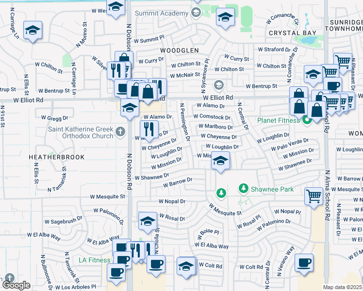 map of restaurants, bars, coffee shops, grocery stores, and more near 2802 North Pennington Drive in Chandler