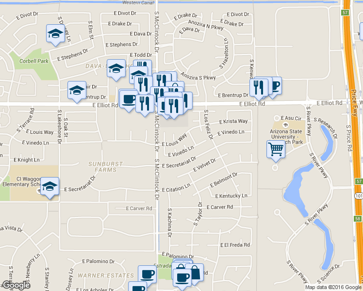 map of restaurants, bars, coffee shops, grocery stores, and more near 7801 South Peach Drive in Tempe