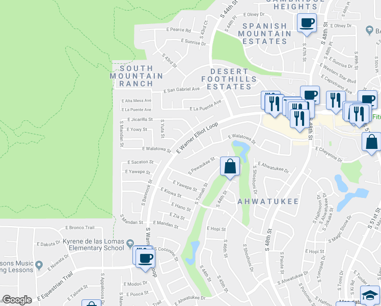 map of restaurants, bars, coffee shops, grocery stores, and more near 4346 East Yowy Street in Phoenix