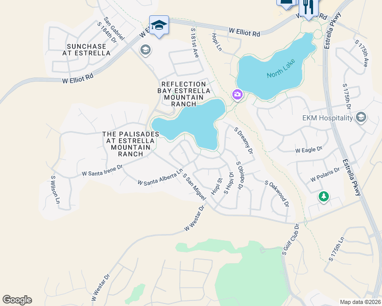 map of restaurants, bars, coffee shops, grocery stores, and more near 18107 West San Alejandro Drive in Goodyear