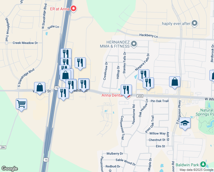 map of restaurants, bars, coffee shops, grocery stores, and more near 2410 Parkview Drive in Anna