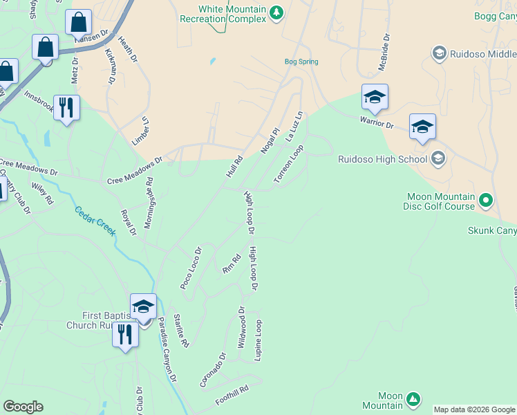 map of restaurants, bars, coffee shops, grocery stores, and more near 111 White Oaks Rd in Ruidoso