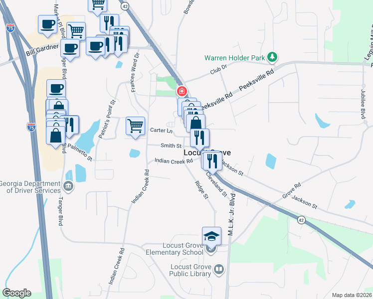 map of restaurants, bars, coffee shops, grocery stores, and more near 27 Brown in Locust Grove