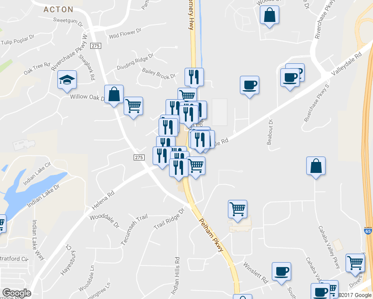 map of restaurants, bars, coffee shops, grocery stores, and more near 2128 Montgomery Hwy in Pelham