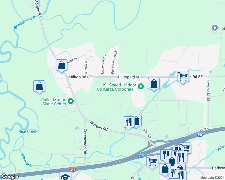 map of restaurants, bars, coffee shops, grocery stores, and more near 2417 Rose Lane in Bessemer
