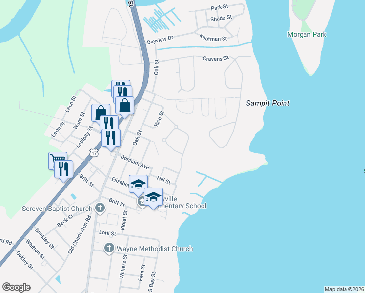 map of restaurants, bars, coffee shops, grocery stores, and more near 148 Oak Bay Drive in Georgetown