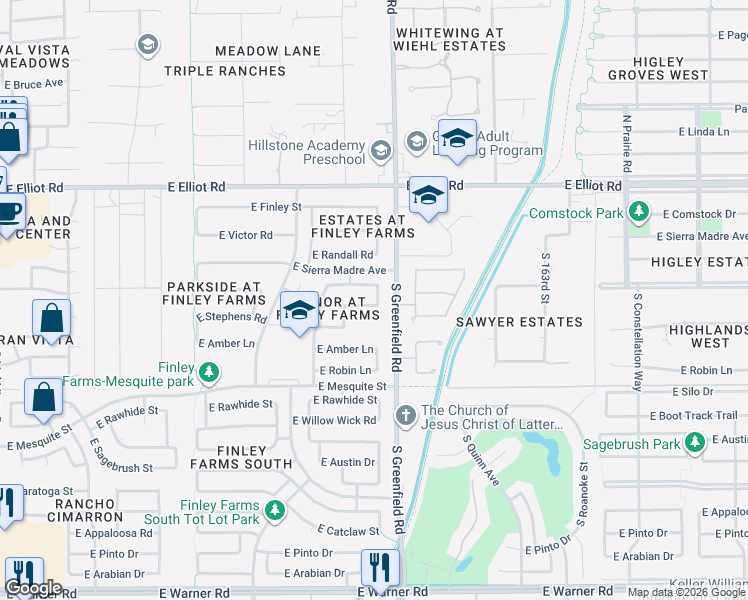 map of restaurants, bars, coffee shops, grocery stores, and more near 2345 East Marlene Drive in Gilbert