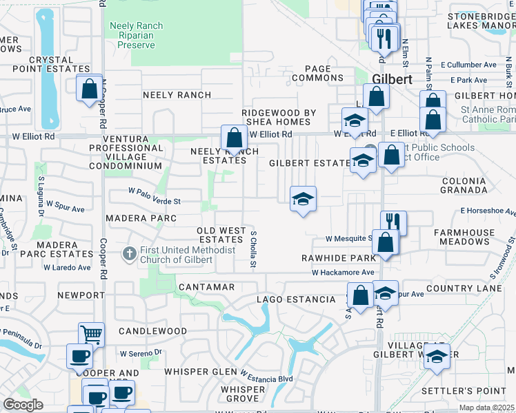 map of restaurants, bars, coffee shops, grocery stores, and more near 351 West Palo Verde Street in Gilbert