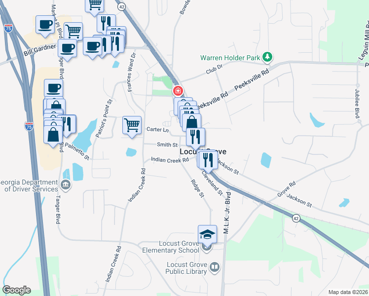 map of restaurants, bars, coffee shops, grocery stores, and more near 27 Brown in Locust Grove