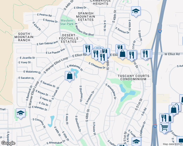 map of restaurants, bars, coffee shops, grocery stores, and more near 11027 South Cheshoni Street in Phoenix