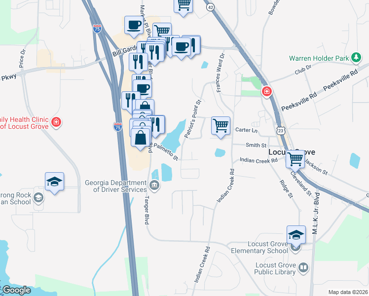 map of restaurants, bars, coffee shops, grocery stores, and more near 765 Patriot's Point Street in Locust Grove