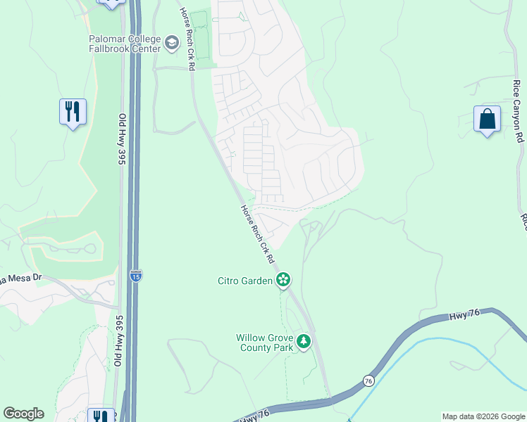 map of restaurants, bars, coffee shops, grocery stores, and more near Pankey Road in Fallbrook
