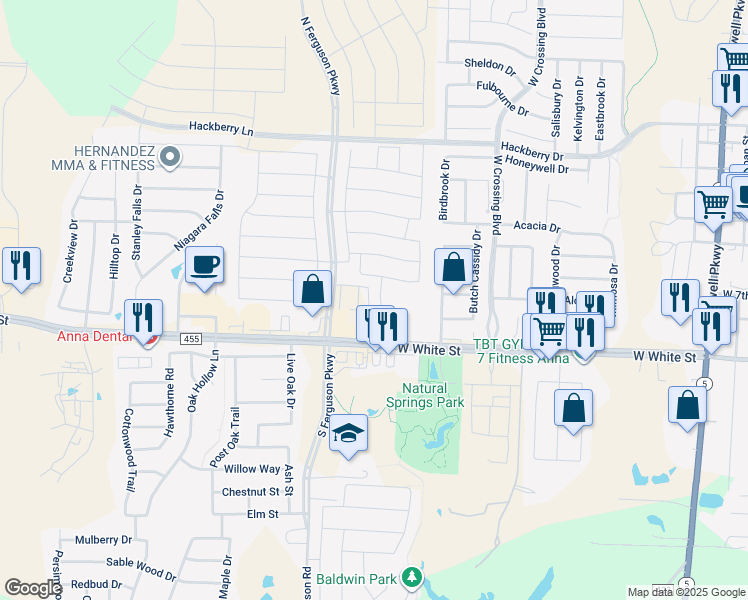 map of restaurants, bars, coffee shops, grocery stores, and more near 421 Brook View Court in Anna