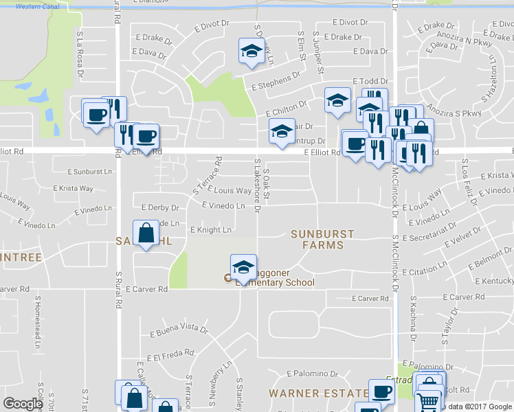 map of restaurants, bars, coffee shops, grocery stores, and more near 1299 East Vinedo Lane in Tempe
