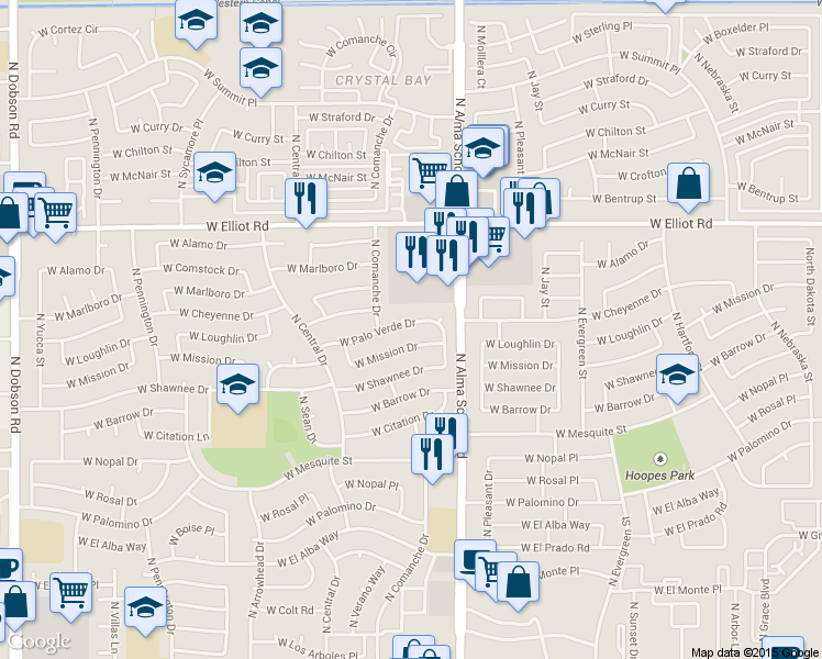 map of restaurants, bars, coffee shops, grocery stores, and more near 1107 West Palo Verde Drive in Chandler