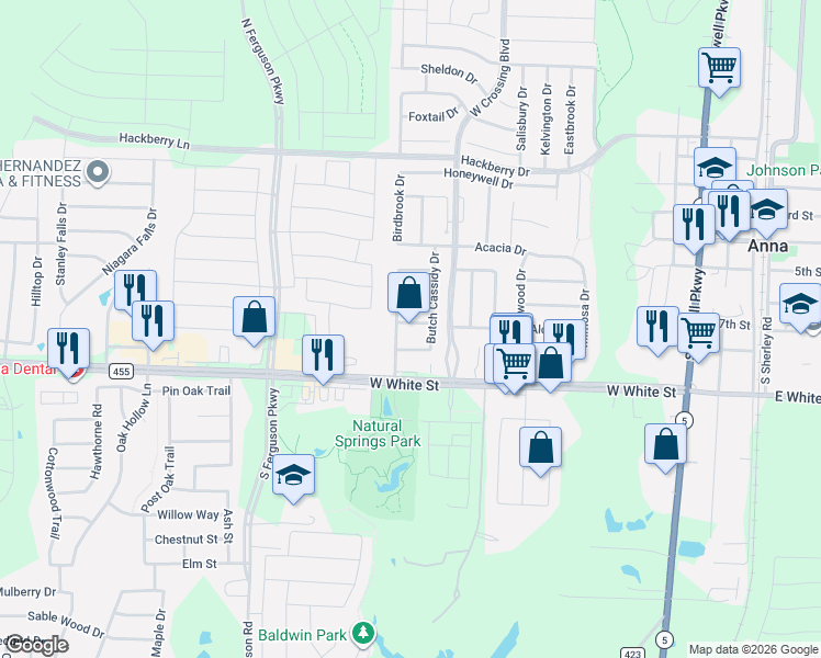 map of restaurants, bars, coffee shops, grocery stores, and more near 1121 Doc Holliday Drive in Anna
