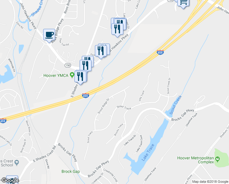 map of restaurants, bars, coffee shops, grocery stores, and more near 1435 Scout Ridge Drive in Birmingham
